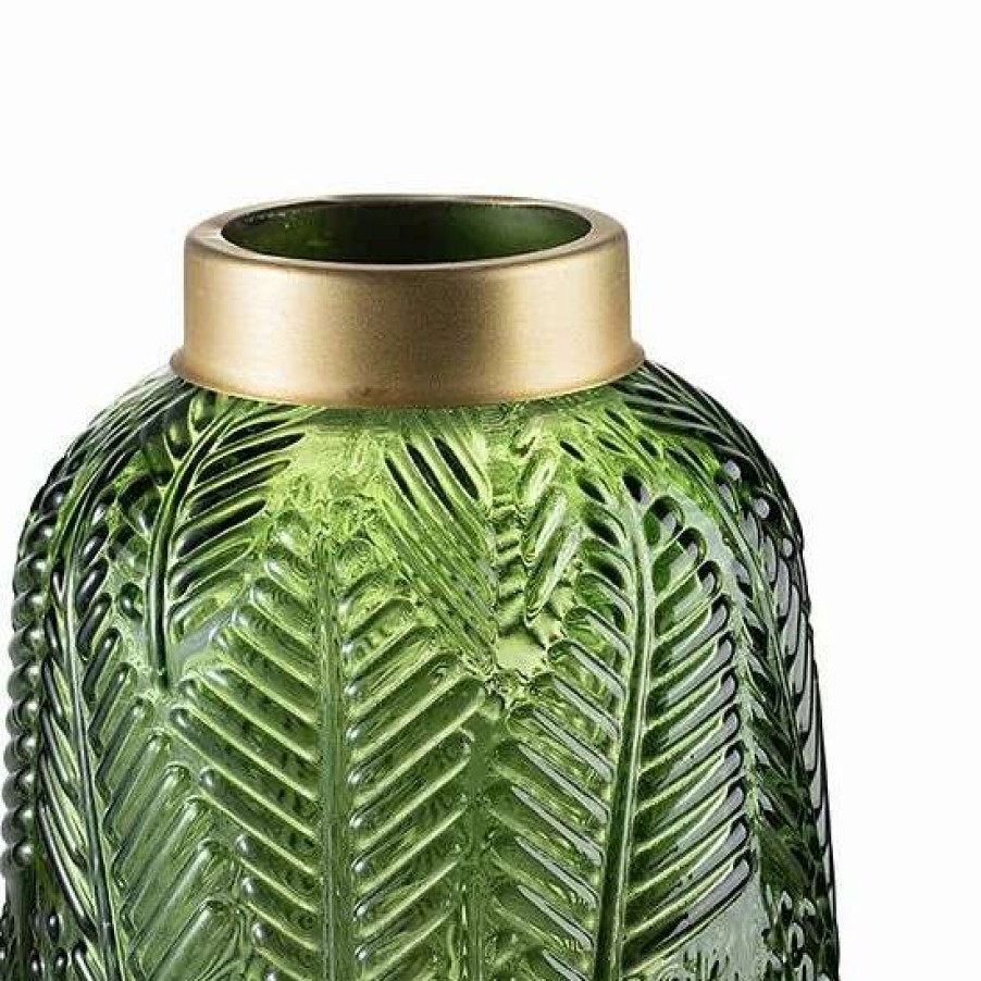 Home Decor * | A&B Home Green & Gold Fern Leaf 9-Inch Glass Vase