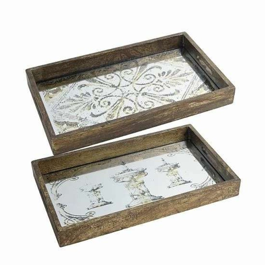 Home Decor * | A&B Home Greta Rectangular Glass & Wood 2-Piece Tray Set